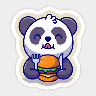 Cute Panda Eating Burger With Fork And Knife Cartoon Sticker